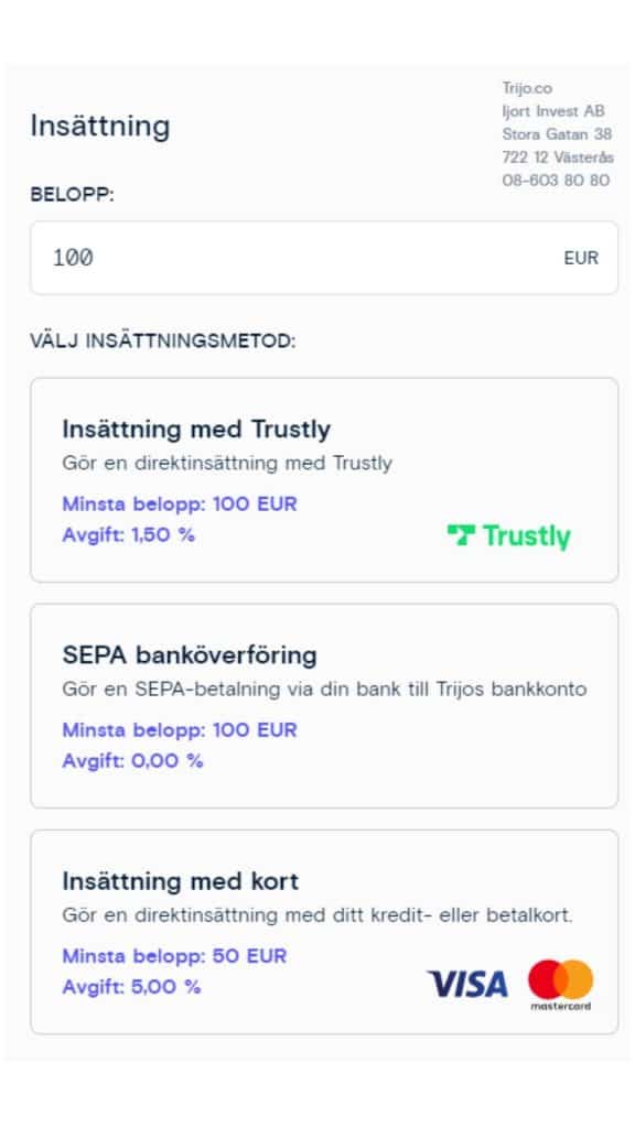 Screenshot från orderläggning hos Bitcoinmäklaren Trijo